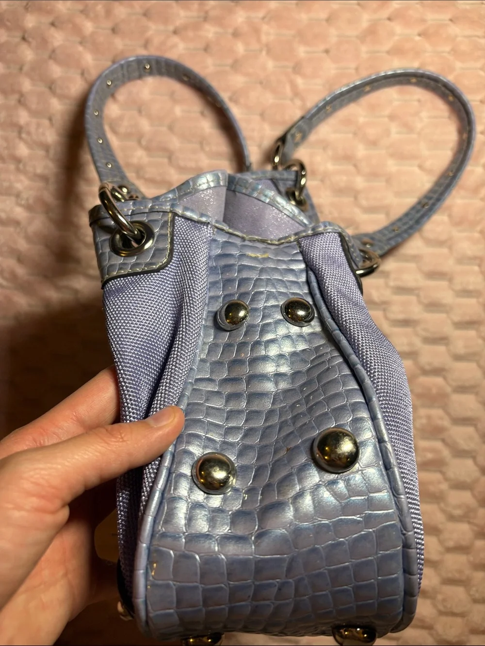 Y2K Kathy Van Zeeland Croc-Embossed Studded Shoulder Bag 💜🩵